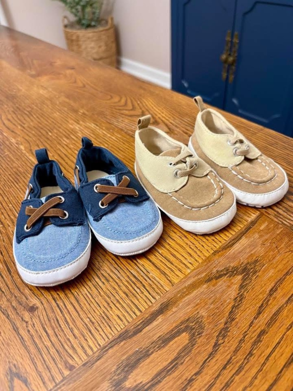 6-12mo Kids Canvas Boat Shoes with Soft Soles - Navy & Tan